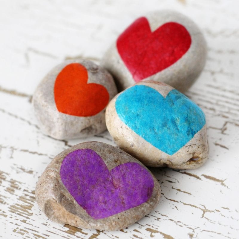 Stones with hearts painted on them -- Gratitude Activities for Kids