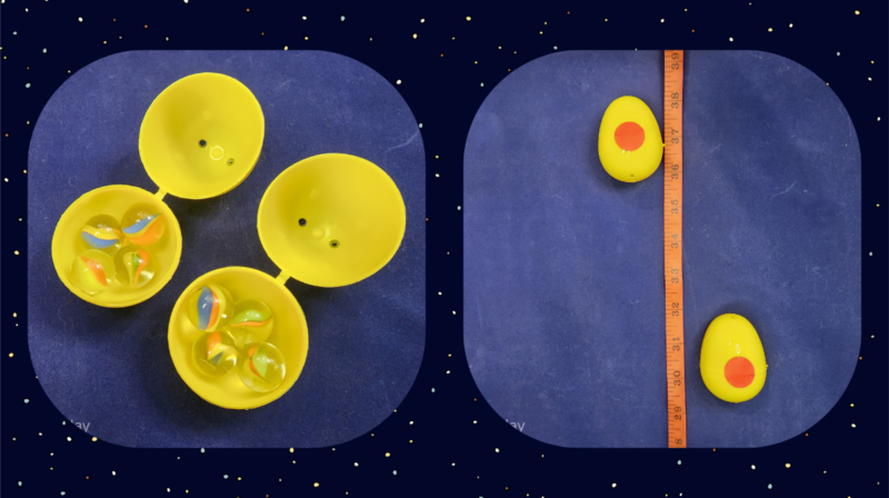 The picture on the left shows two open plastic easter eggs with marbles inside. The picture on the right shows them closed and beside a tape measure.