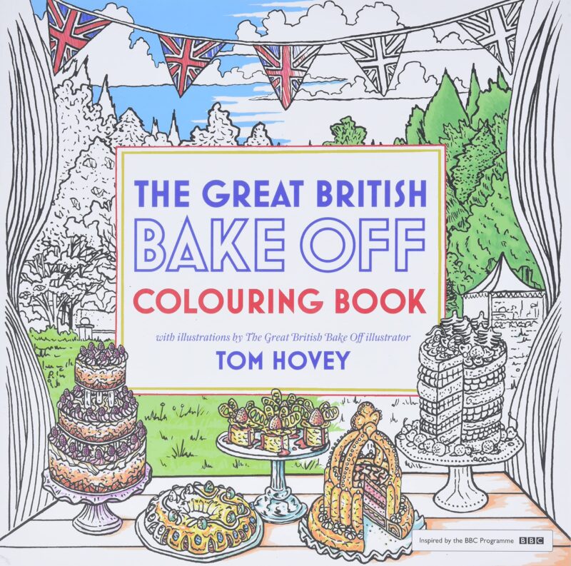 Desserts are laid out on a table, some in color and some just black line art. Text reads The Great British Bake Off Coloring Book.