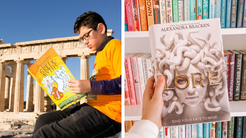Student reading Greek mythology book in front of Greek architecture and hand holding Lore book in front of book shelf filled with colorful books