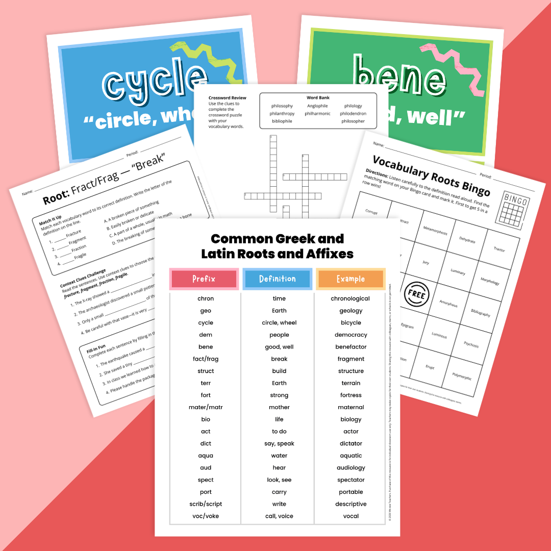 Image of various worksheets from the Greek and Latin Roots Worksheet & Activity Bundle.