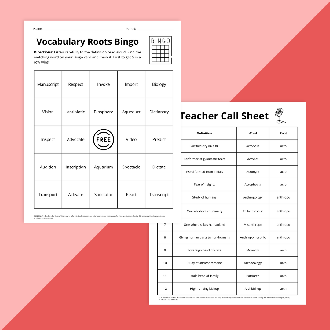 Two pages from the Bingo board activities in the Greek and Latin Roots bundle.