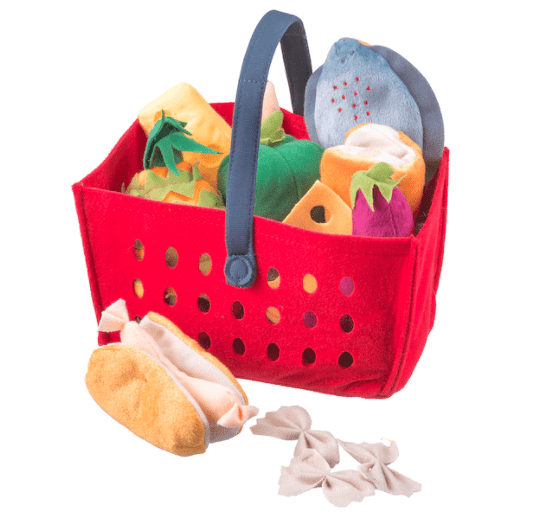 Felt grocery basket filled with felt food items for children, as an example of IKEA classroom supplies.