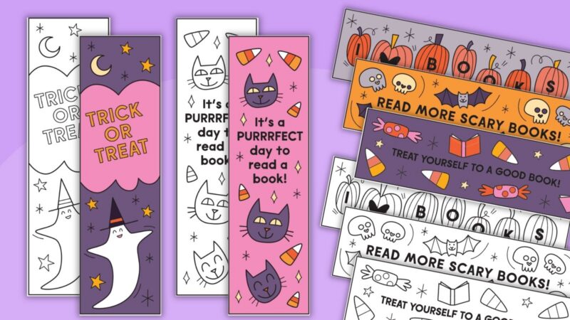 Halloween Bookmarks an image of printable Halloween bookmarks in color and black and white