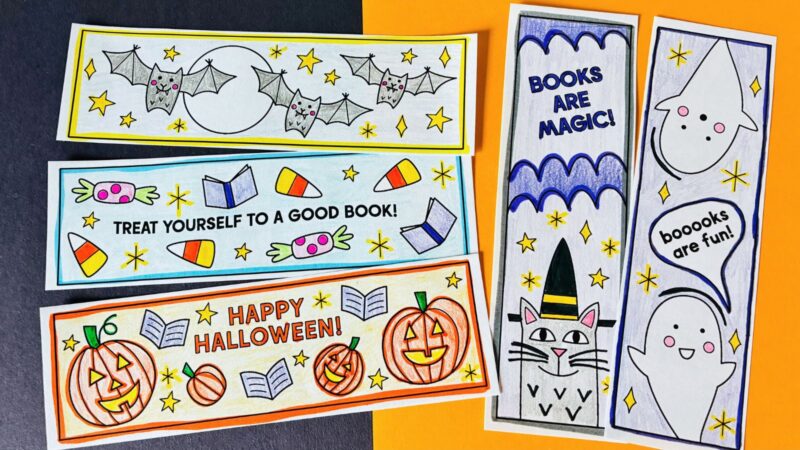 Halloween Bookmarks an image of five printable Halloween bookmarks that are colored in with marker