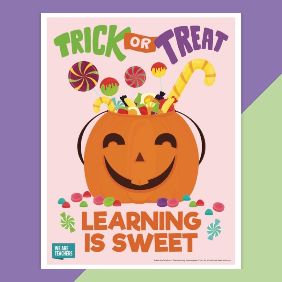 Printable classroom Halloween that says Trick or Treat Learning Is Sweet.