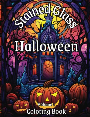 A haunted house, some spooky trees, and jack-o-lanterns are shown and drawn to look like stained glass in this example of adult coloring books.