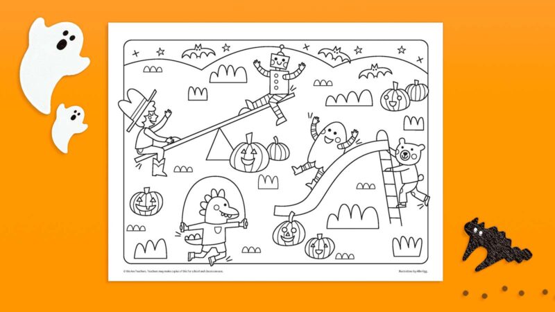 Halloween creatures on a playground - coloring page