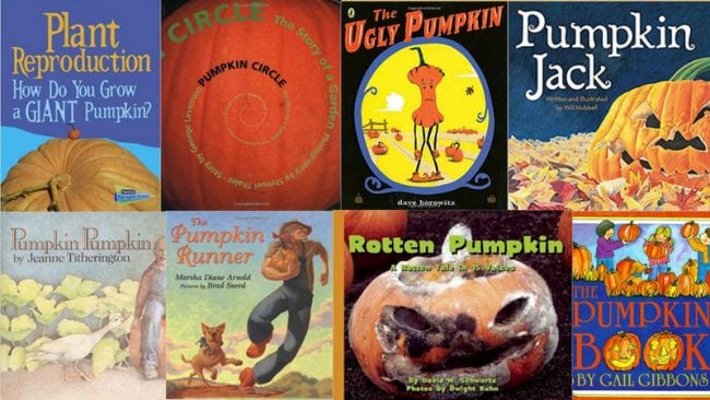Collage of pumpkin and Halloween themed children's books that are used in Halloween activities. 