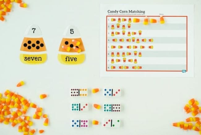 Candy corn themed counting activity with dominos and printable worksheet