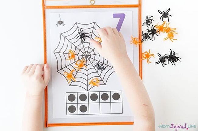 Student laying plastic spiders on a printable spiderweb 10 frame worksheet (Halloween Activities)