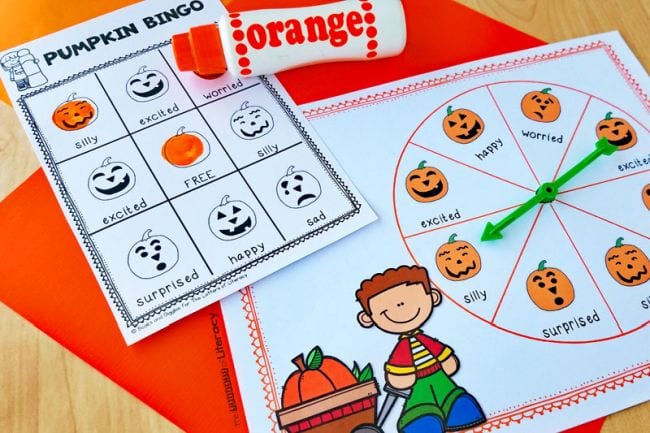 Printable pumpkin bingo game with spinner and orange dot marker