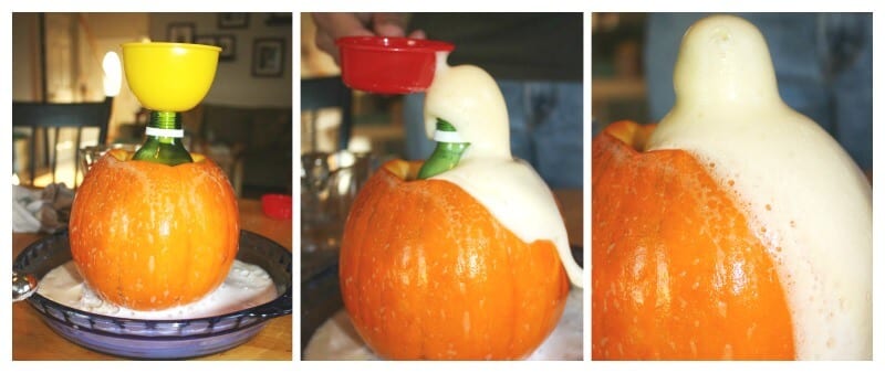 Collage of pumpkin turned into a baking soda volcano erupting (Halloween Activities)