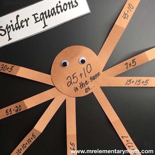 Construction paper spider with equations written on each leg (Halloween Activities)