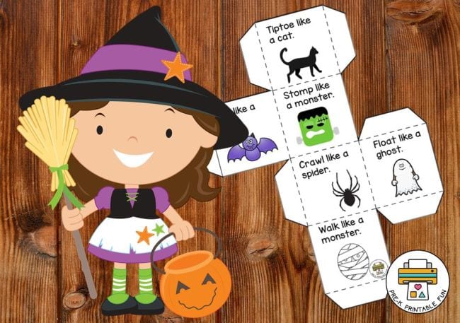 Cartoon witch child next to a printable paper die with movement ideas