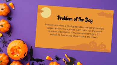 Halloween math problem of the day card on a purple background.