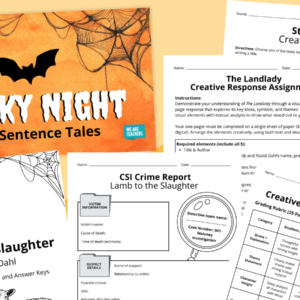 Flay lay of Halloween worksheets and slides for secondary ELA on an orange background