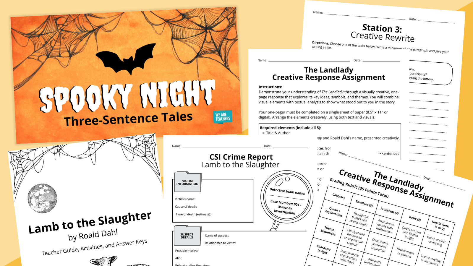 Flay lay of Halloween worksheets and slides for secondary ELA on an orange background