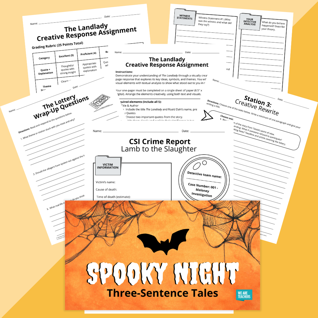 Flay lay of Halloween worksheets and slides for secondary ELA on an orange background