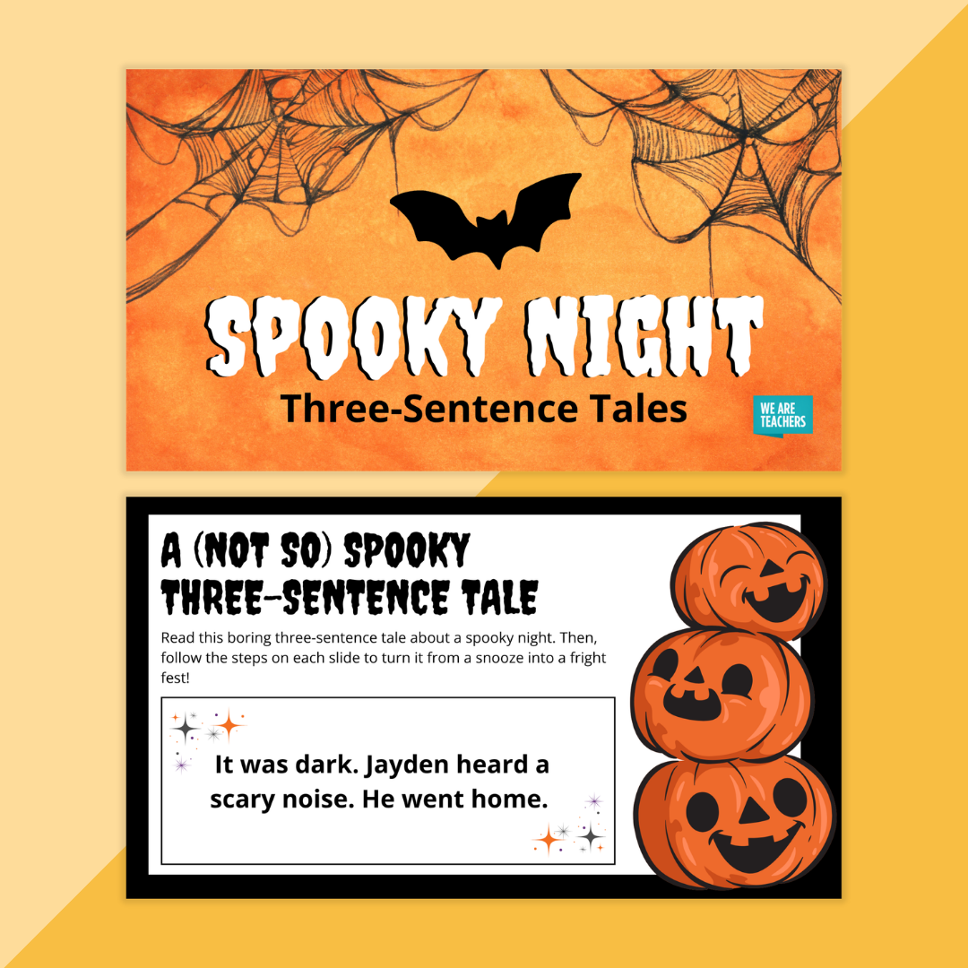 Flay lay of Halloween worksheets and slides for secondary ELA on an orange background