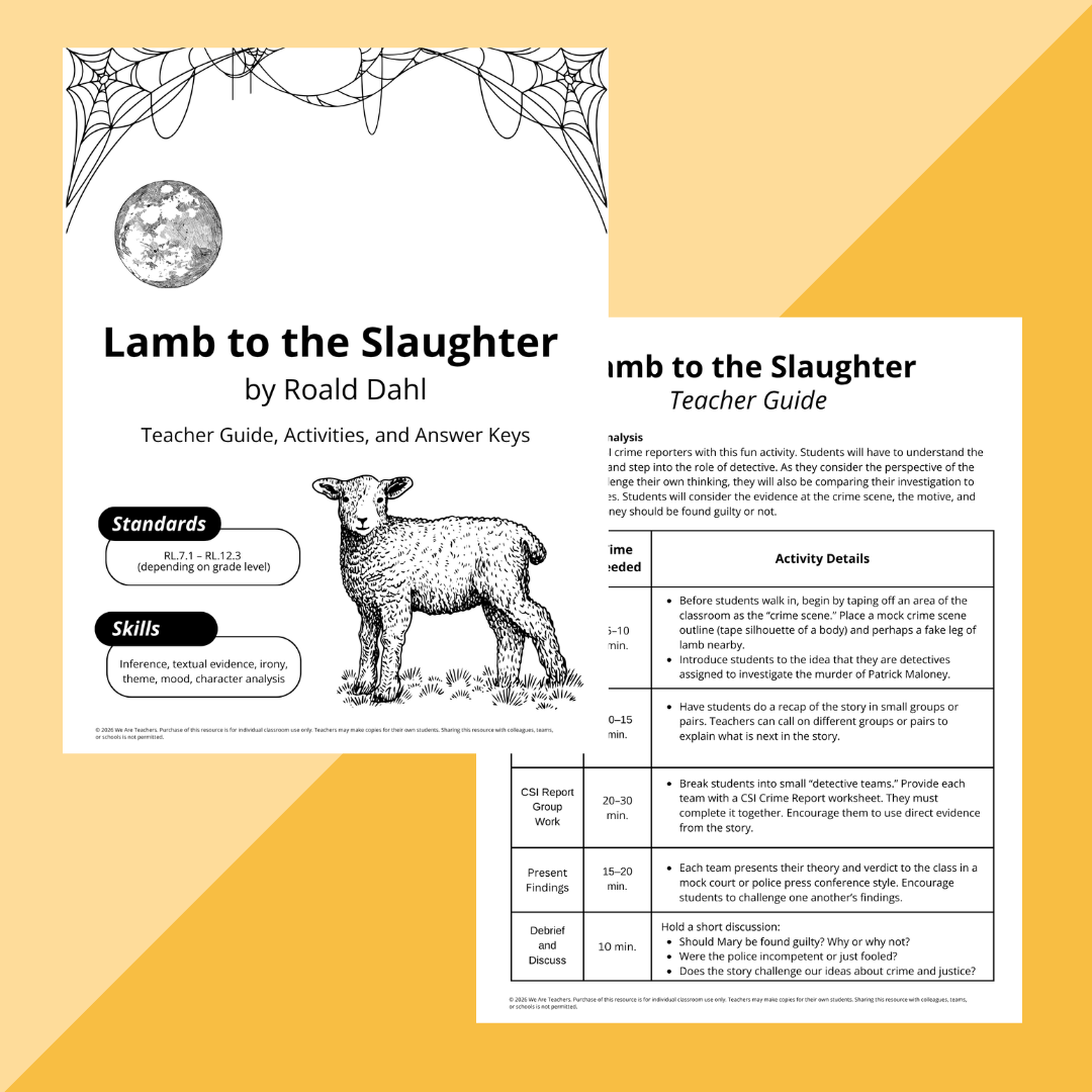 Flay lay of Halloween worksheets and slides for secondary ELA on an orange background