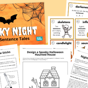 Flay lay of Halloween secondary ELA worksheets and slides on an orange background