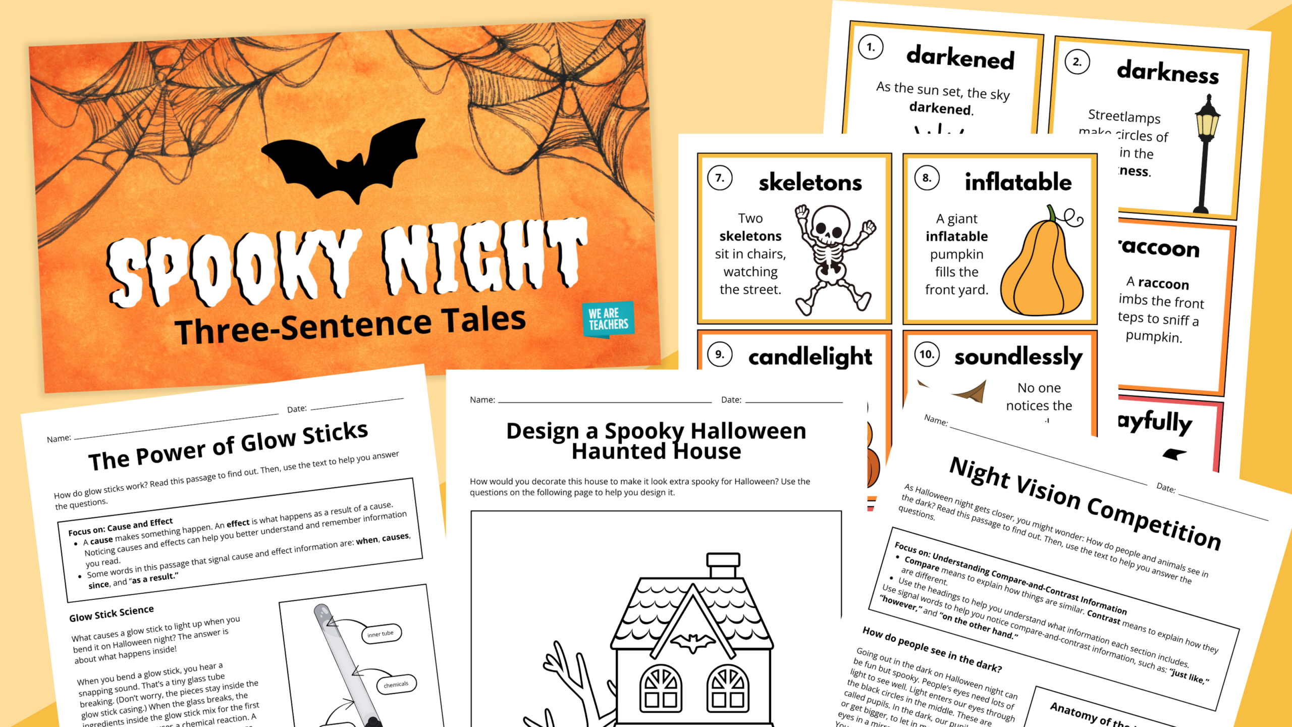 Flay lay of Halloween secondary ELA worksheets and slides on an orange background