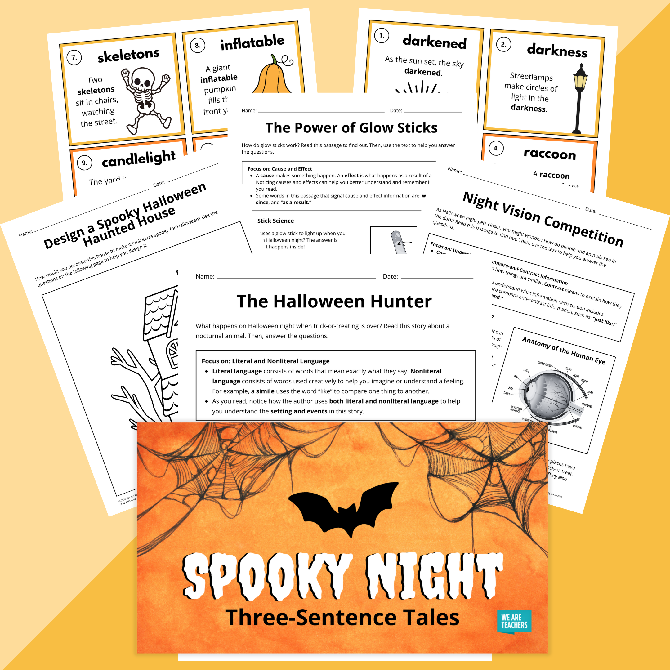 Flay lay of Halloween secondary ELA worksheets and slides on an orange background
