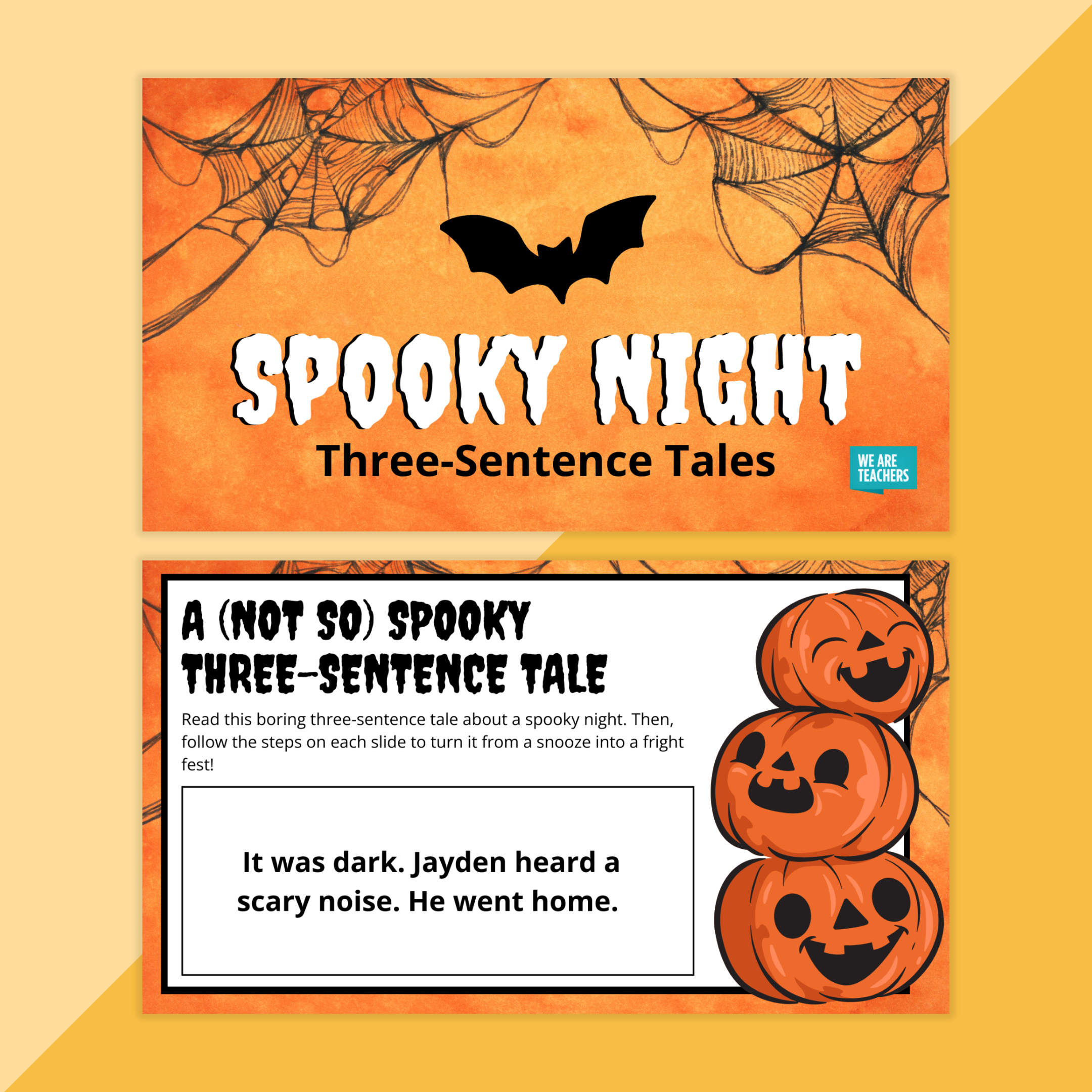 Flay lay of Halloween secondary ELA worksheets and slides on an orange background