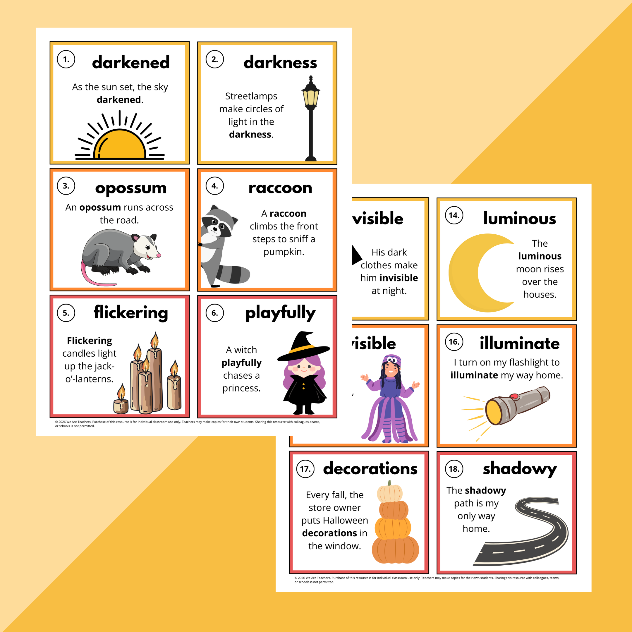 Flay lay of Halloween secondary ELA worksheets and slides on an orange background