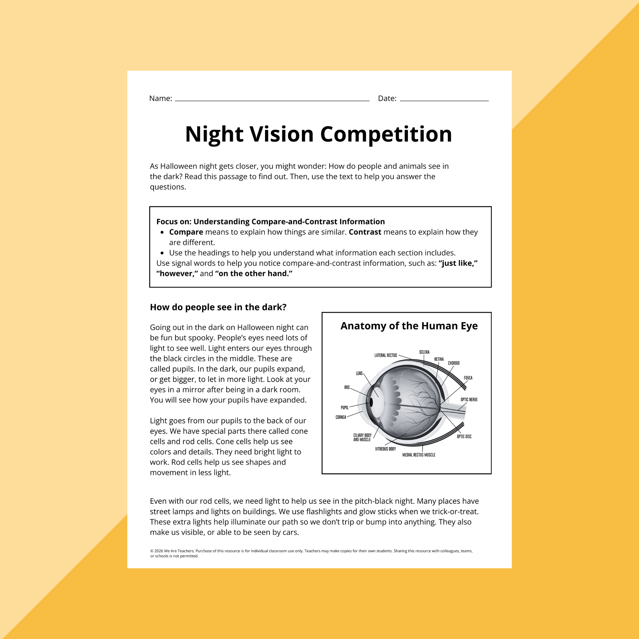 Flay lay of Halloween secondary ELA worksheets and slides on an orange background
