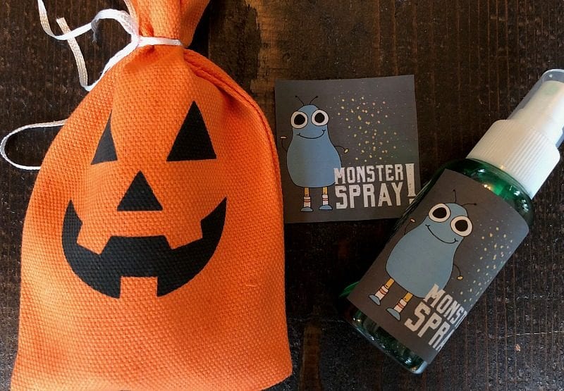 Halloween_Treats_Monster_Spray Hand sanitizer in Halloween treat back with printable tag.