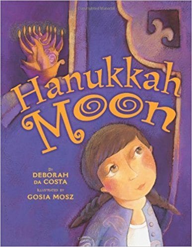 girl looking up and standing by a menorah- Hanukkah books