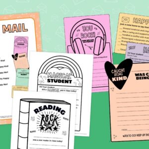 Selection of images of different worksheets and printables from the Happy Mail Station.