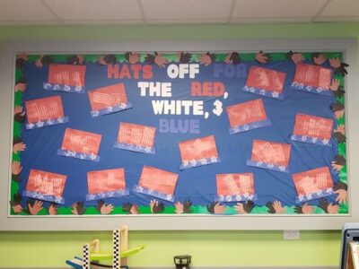 Hats off for the red white and blue Fourth of July bulletin board idea