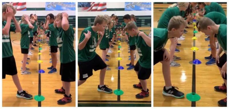 Three photos show students lined up on a line of cones in a gymnasium (elementary PE games)
