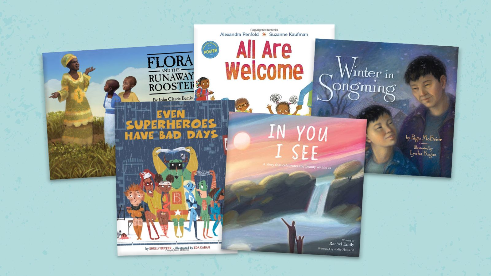 Covers of five picture books teachers could use in the Read to Feed program offered by Heifer International