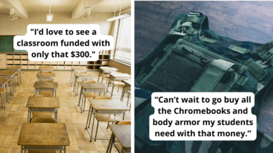 Paired image of empty classroom and body armor