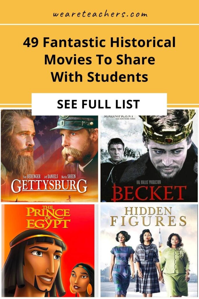 Movies bring history to life in a way that other media can't. Here are 50 great historical movies that take students through time.