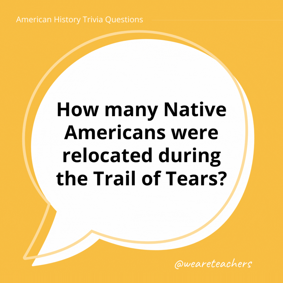 How many Native Americans were relocated during the Trail of Tears?

An estimated 100,000 Native Americans were removed from their territories and relocated.