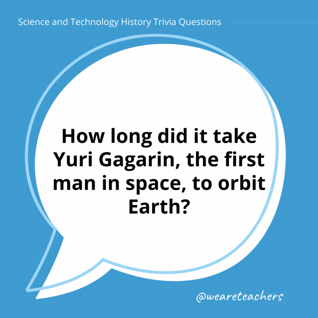How long did it take Yuri Gagarin, the first man in space, to orbit Earth?

108 minutes.- history trivia