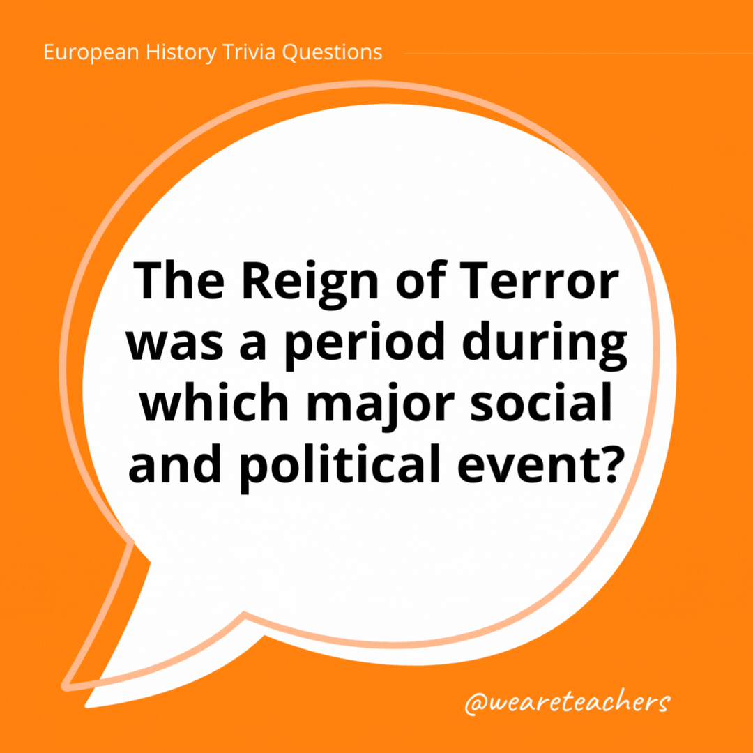 The Reign of Terror was a period during which major social and political event?

The French Revolution, which took place from 1789 to 1799.- history trivia