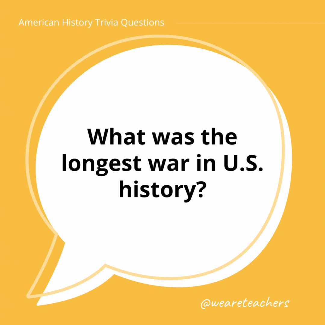 What was the longest war in U.S. history?

The Afghan War was the longest, lasting 20 years and ending in 2021.- history trivia