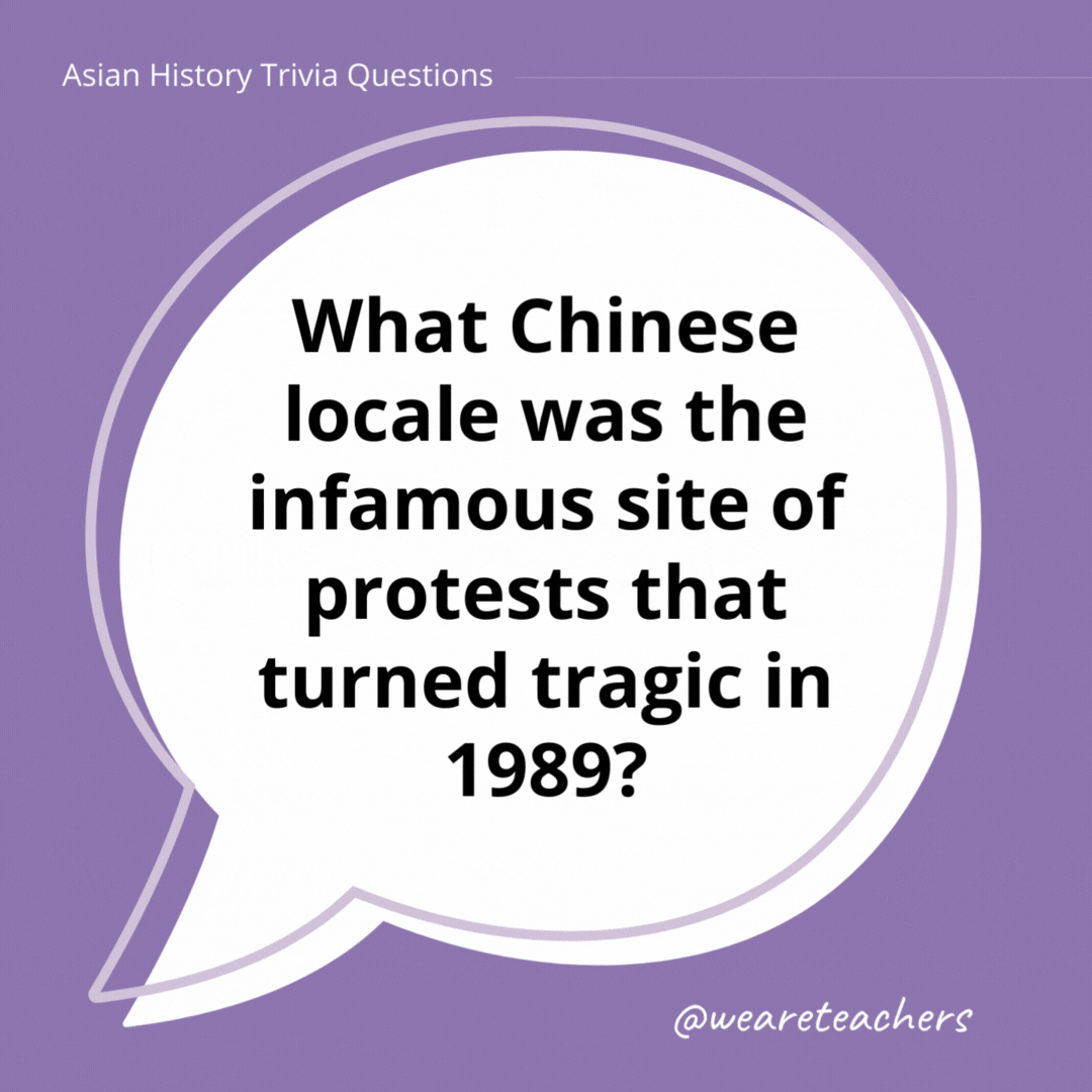 What Chinese locale was the infamous site of protests that turned tragic in 1989?

Tiananmen Square in Beijing.- history trivia