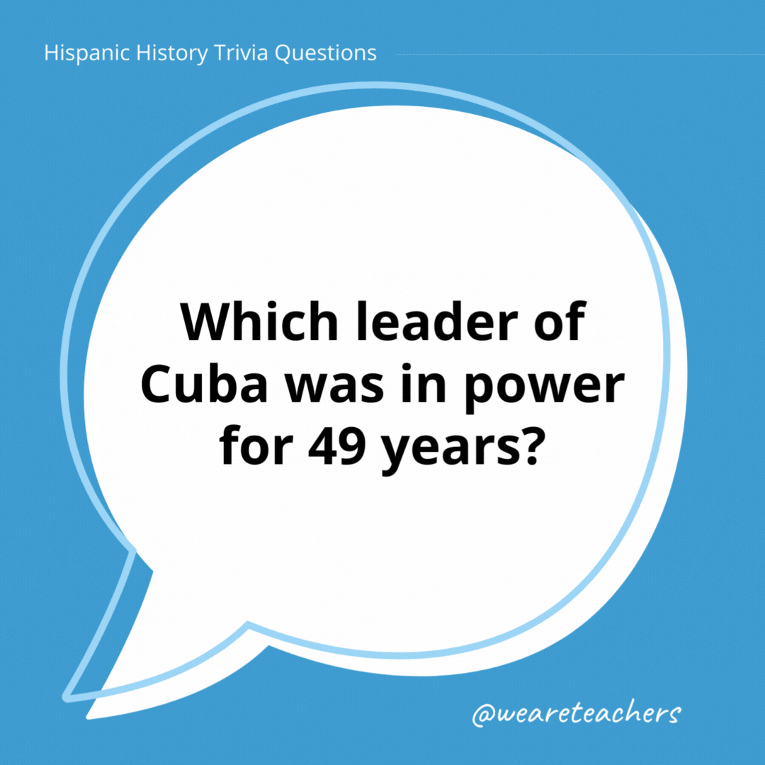 Which leader of Cuba was in power for 49 years?

Fidel Castro. He stepped down as president in 2008.- history trivia