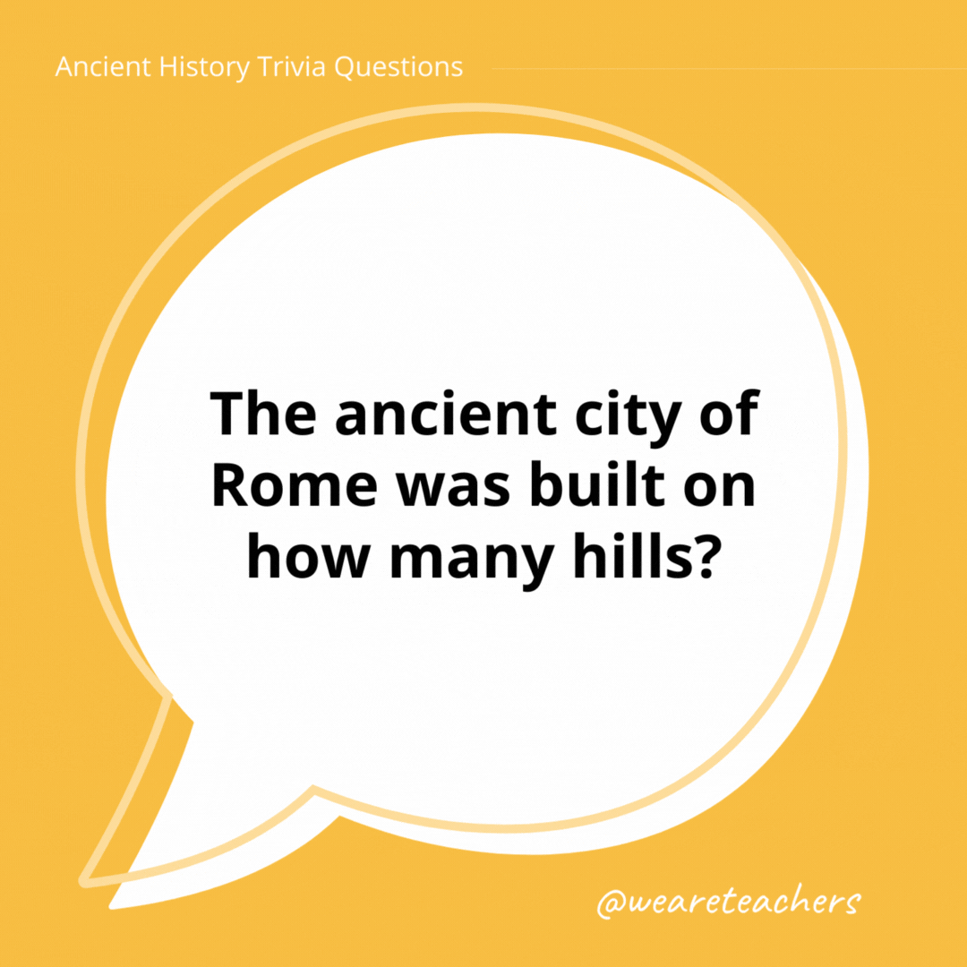 The ancient city of Rome was built on how many hills?

Seven. And they're appropriately named the Seven Hills of Rome.- history trivia