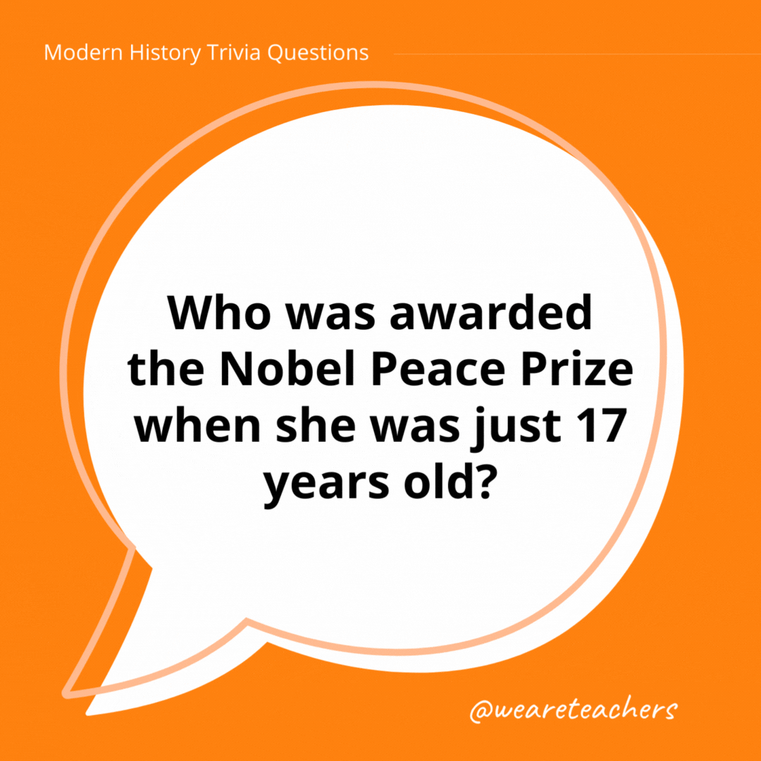 Who was awarded the Nobel Peace Prize when she was just 17 years old?

Pakistani education activist Malala Yousafzai.