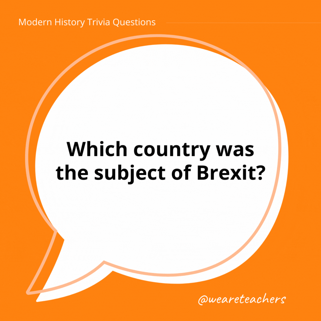Which country was the subject of Brexit?

The United Kingdom, which withdrew from the European Union.- history trivia