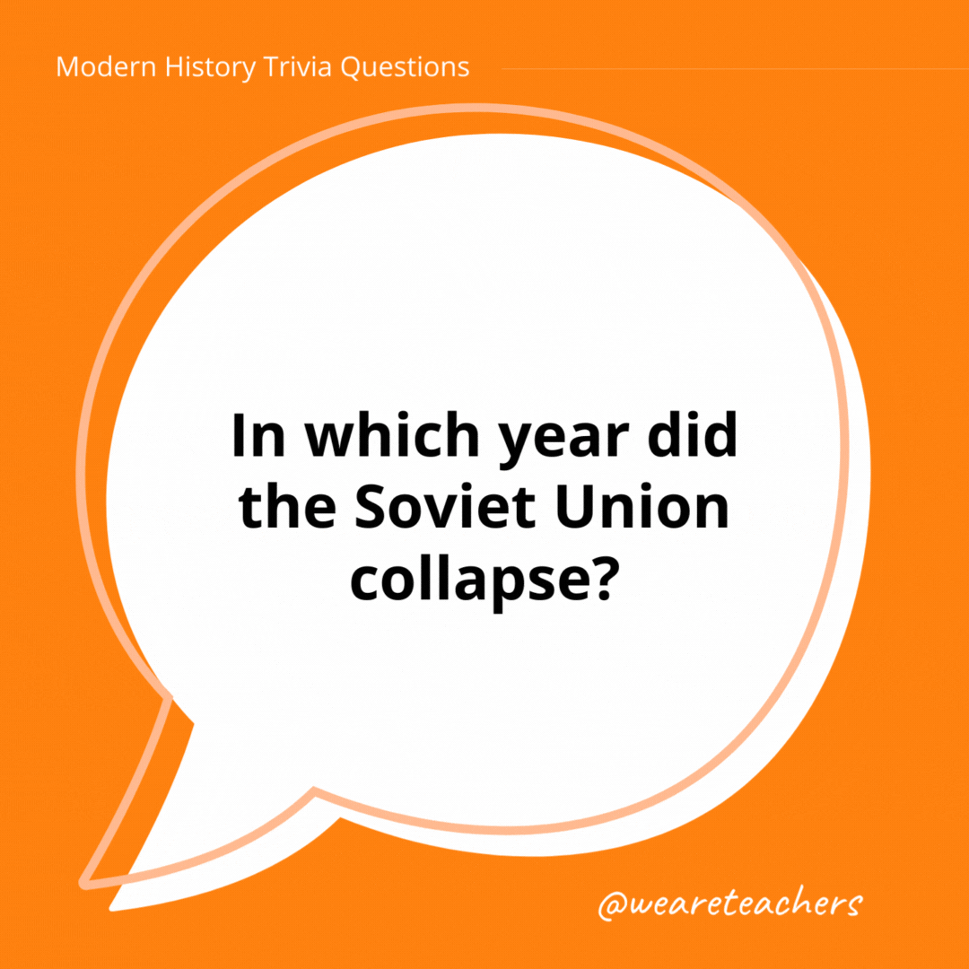 In which year did the Soviet Union collapse?

In 1991. It was replaced by 15 independent countries.- history trivia