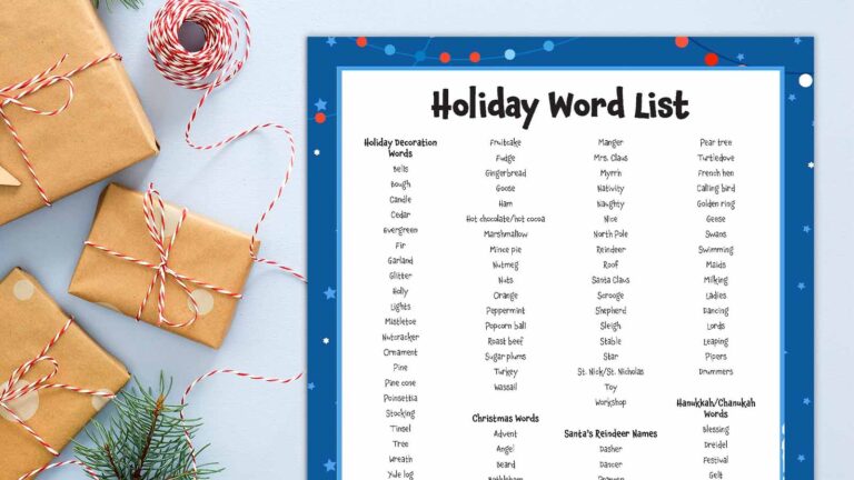 Printable holiday word list on table with wrapped gifts.